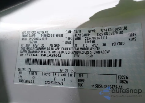 2019 Ford Ranger Xl z USA, uszkodzony, nr VIN 1FTER4FH5KLA29642